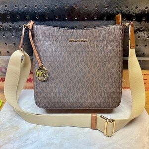 Michael Kors Brown Signature Logo Crossbody with Beige Strap
